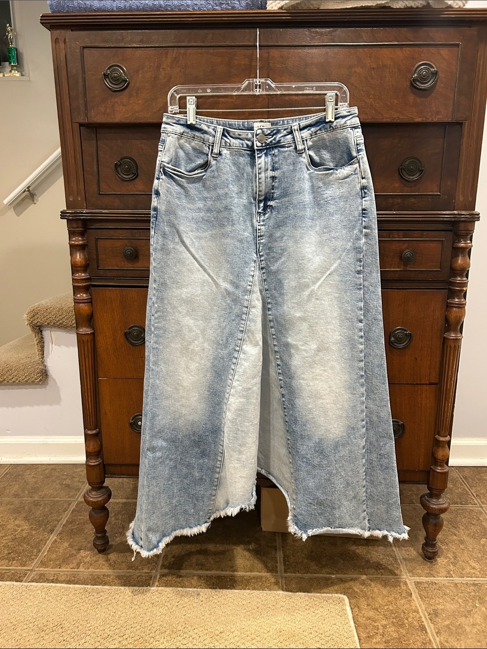 Wash Lab High-Waist Light Wash Denim Maxi Skirt with Frayed Hem